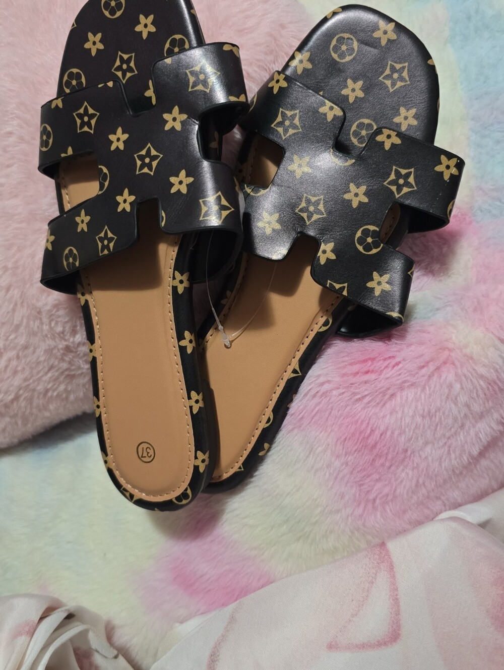 Black Floral-Print Slip-On Women's Sandals
